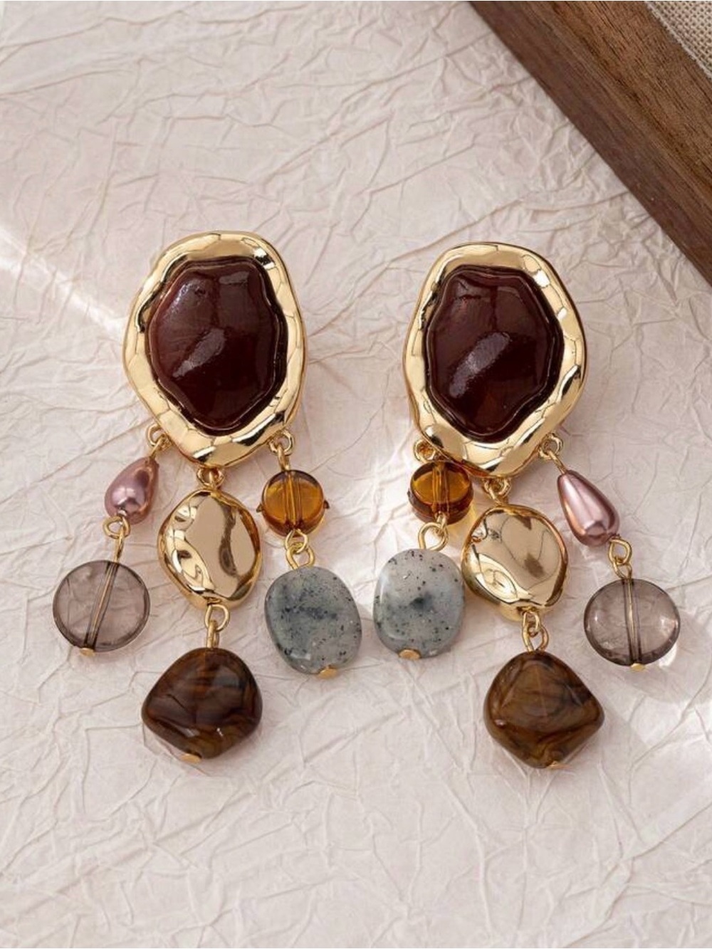 Multi Stone Dangle Earrings with Burgundy Accent - Picture 2 of 4